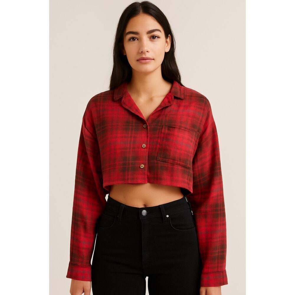 Out From Under Urban Outfitters Red Plaid Cropped Flannel Shirt Size Small